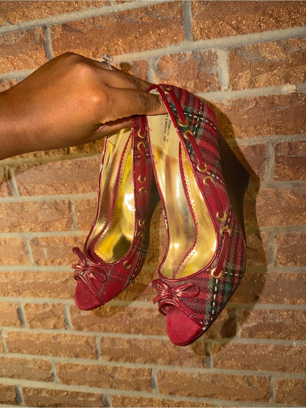 Red Plaid Peep-Toe Wedge Heels - Women